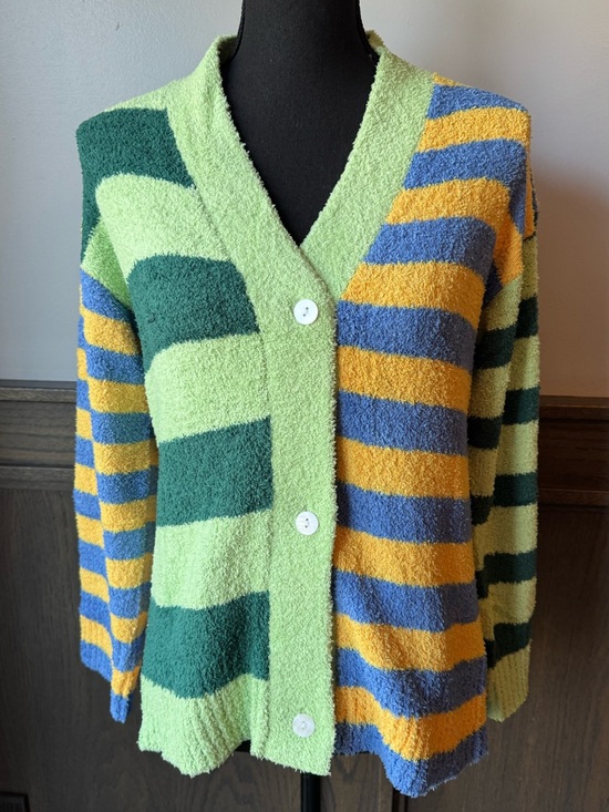 Sweaters - Stripped blue yellow green soft cozy button down cardigan small NWOT